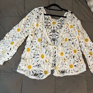 POL White and Yellow Floral Crochet Blouse